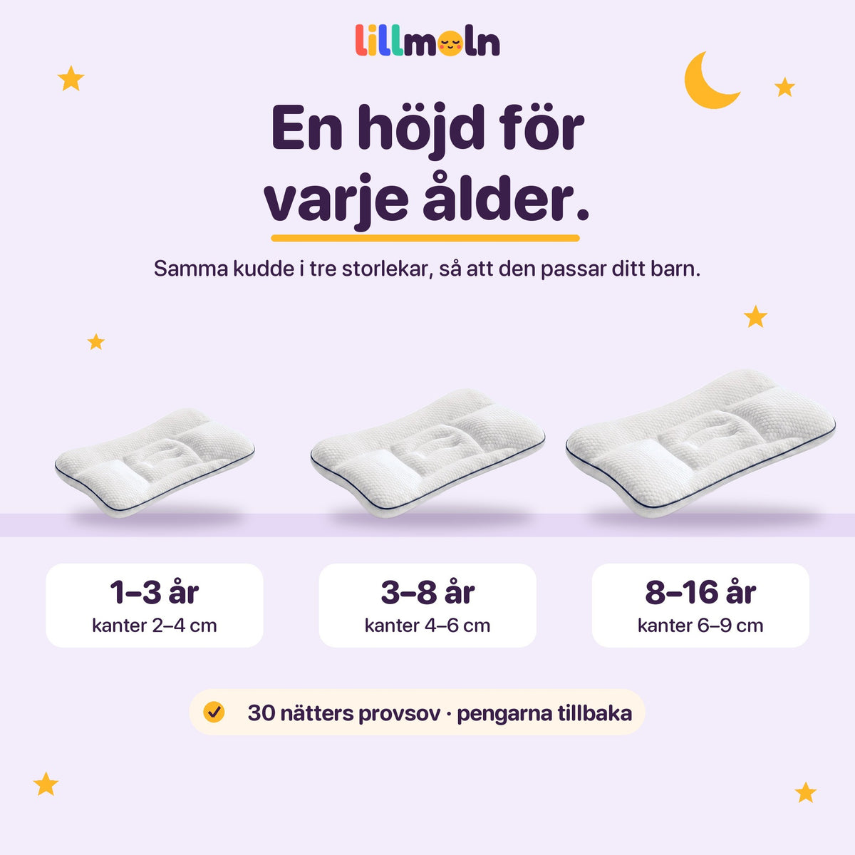 En höjd för varje ålder: 3 storlekar, 1–3, 3–8 och 8–16 år